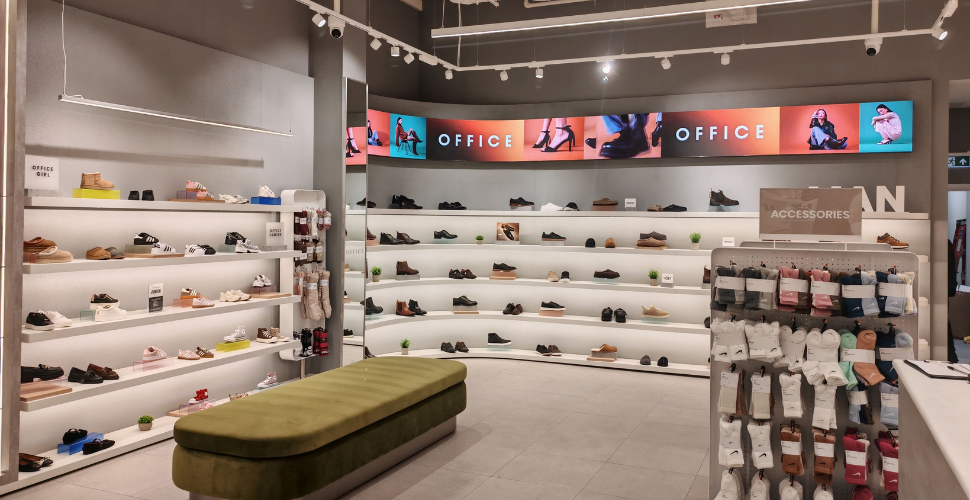 Interior of an OFFICE shoe store with wall-to-wall displays of footwear on white shelves, a long green bench in the center, a brightly lit digital banner showing the OFFICE logo and models wearing shoes above the back wall, and an accessories stand with neatly arranged socks in the foreground.